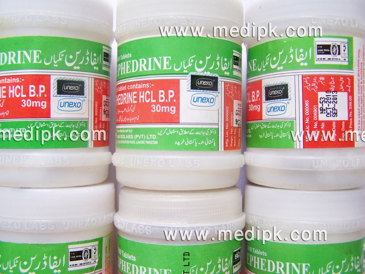 Ephedrine HCL 30mg (1000 Tablets) by Unexo Labs Pvt.Ltd. Lahore Pakistan / Bottle
